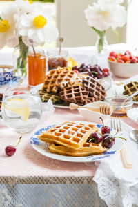 High angle view of breakfast on table