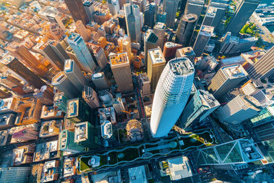 High angle view of modern buildings in city