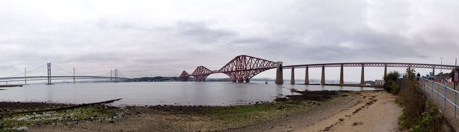 A panoramic view of the three forth bridge's.