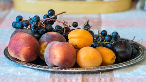 Fruit fragments on a metal tray, grapes, plums, peaches, apricots, autumn harvest time, healthy diet 