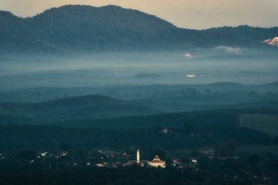 High angle view of mountains against sky