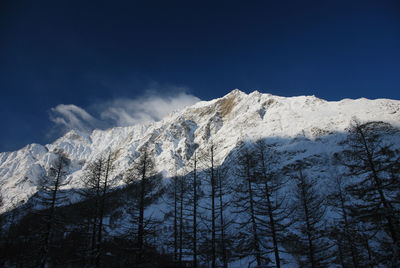 Low angle view of snowcapped mountains against sky