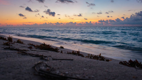 Scenic view of beach against sky during sunset