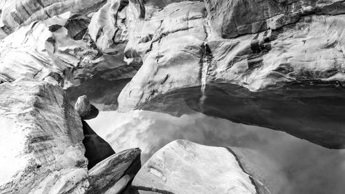 Scenic view of rock formations in snow