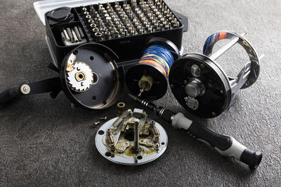 High angle view of equipment on table