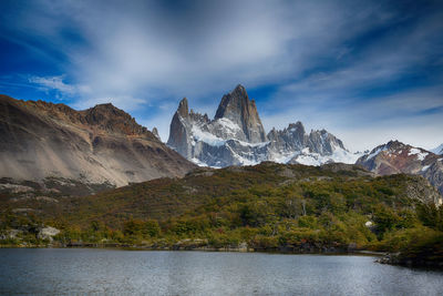 Scenic view of mountains against cloudy sky