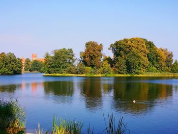 Reflection of trees in calm lake against clear sky