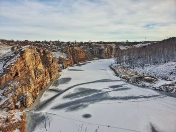 Snow covered landscape against sky