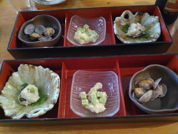 High angle view of sushi served on table