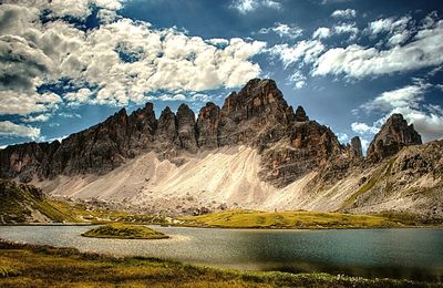 Scenic view of lake against cloudy sky