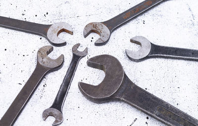 High angle view of work tools on table