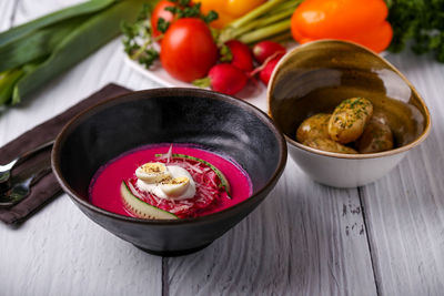 High angle view of fruits in bowl on table