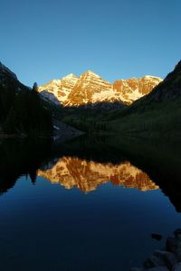 Scenic view of lake by mountains against clear blue sky