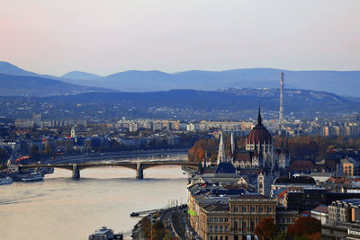 Danube river and hungarian capital parliament at sunrise, budapest