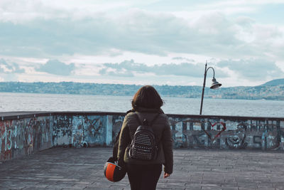 Rear view of woman looking at sea against sky