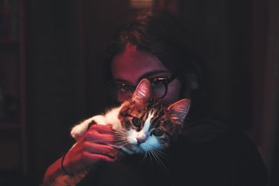 Close-up portrait of young woman holding cat