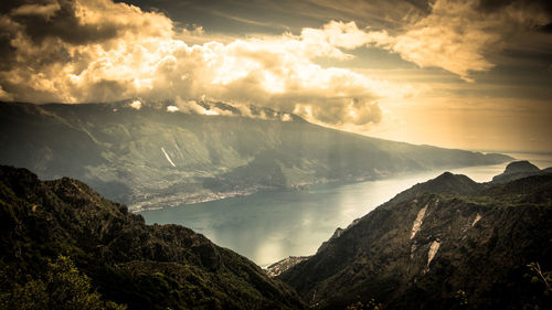 Panoramic view of mountains against sky during sunset