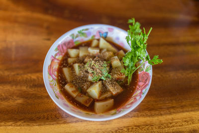High angle view of soup in bowl on table