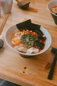 High angle view of food served on table