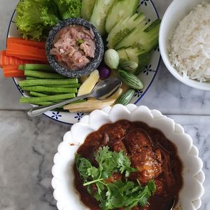 High angle view of food in plate on table