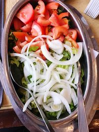 High angle view of chopped vegetables in bowl