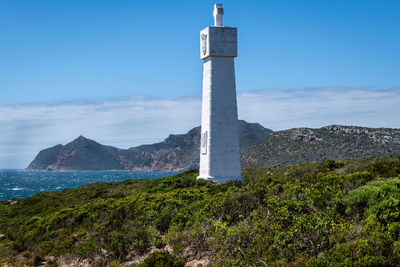 Lighthouse by sea against sky