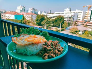 High angle view of food in plate on building