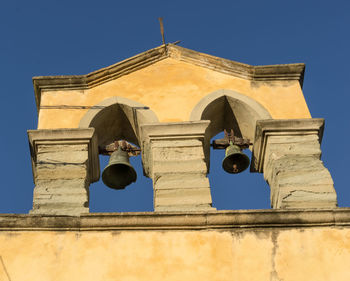 Low angle view of historic building against clear blue sky