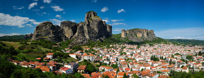 View of kalampaka village in famous greek tourist destination meteora in greece