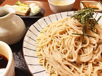 High angle view of meal served on table