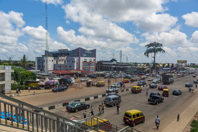 High angle view of vehicles on road in city