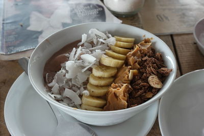 High angle view of food in bowl on table