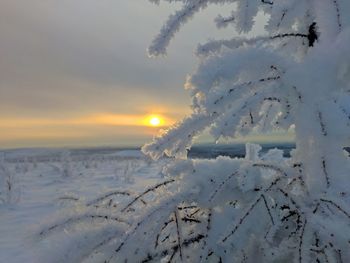 Snow covered land against sky during sunset