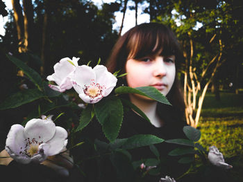 Portrait of girl against white flowering plants
