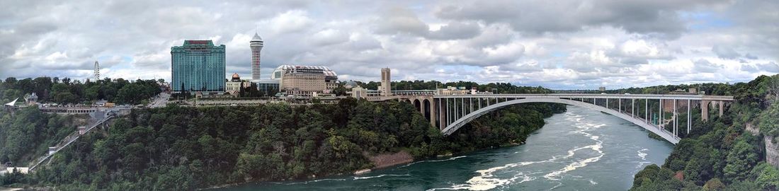 Panoramic view of bridge and buildings against sky