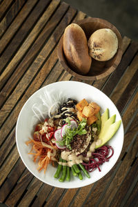 High angle view of food in plate on table