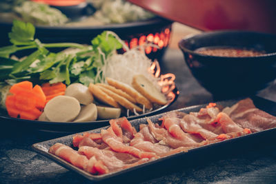 Close-up of food served on table