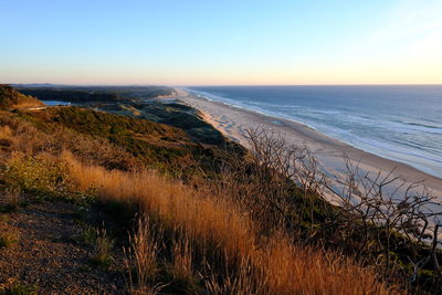 Scenic view of sea against clear sky during sunset