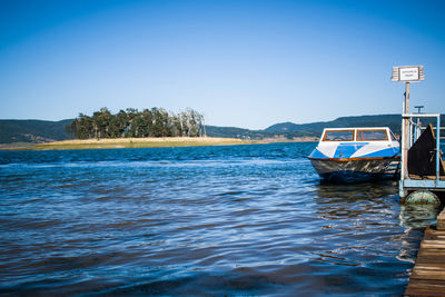 Scenic view of lake against clear blue sky