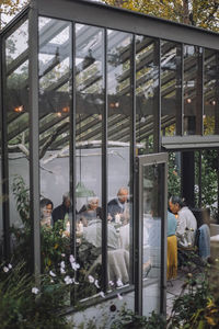 Retired male and female friends having food with each other during dinner party in backyard