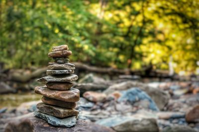 Close-up of stone stack on rock