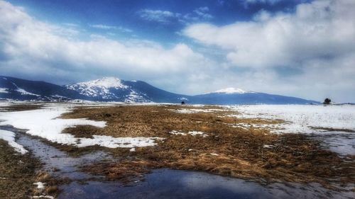 Scenic view of snowcapped mountains against sky