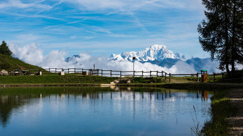 Scenic view of lake and mountains against sky