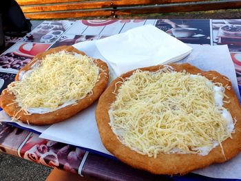 High angle view of breakfast served on table