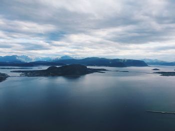 Flying over a nordic land and sea, seascape, islands, mountains 
