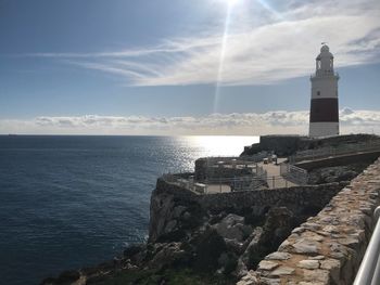 Lighthouse by sea against sky