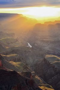 High angle view of dramatic landscape during sunset