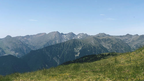 Scenic view of mountains against clear sky