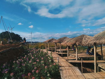 Scenic view of flowering plants against sky