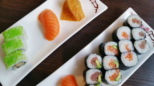 High angle view of sushi in plate on table
